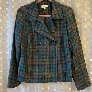 Studio Works Blue and Gray Plaid Pea Coat